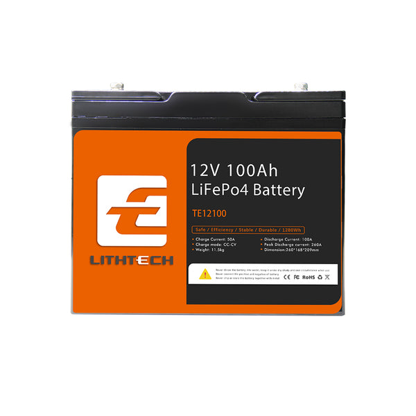 Lithtech LiFePO4 Smart Battery TE12100 | 12.8V 100Ah | BMS Integrated | Support 4S4P | IP67 Protection Level | For RV Marine Golf Cart