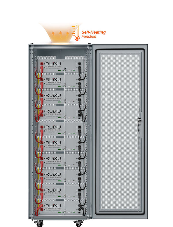 RUiXU Self-heating Lithium Batteries Kits | 10 Batteries + 10 slot battery cabinet | Low-Voltage Battery System |50kWh | 51.2V | Compatible with All Leading Inverters