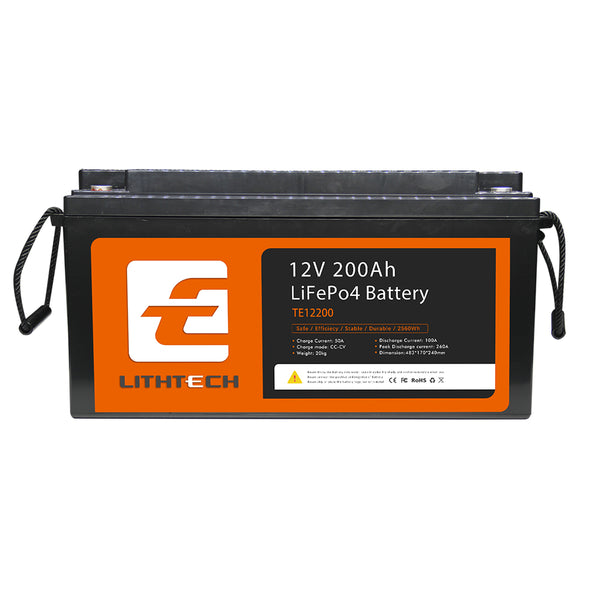 Lithtech TE12200 LiFePO4 Smart Battery | 12.8V 200Ah | BMS Integrated | Support 4S4P | IP67 Protection Level | For RV Marine Golf Cart