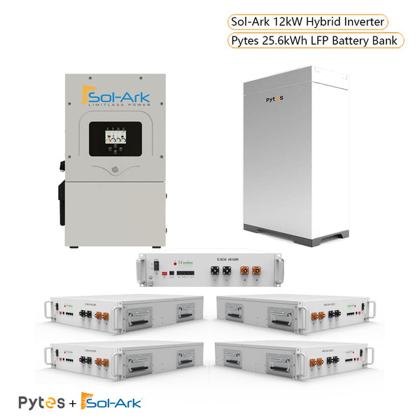 Hybrid Off-Grid / Grid-Tie Home Energy Storage System Kit | Sol-Ark 12.0kW Output Hybrid Inverter + 25.6kWh Pytes E-box-48100R 48V Battery Bank  With Pytes Forest RB Indoor Cabinet
